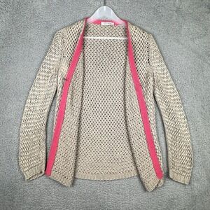 Rene Lezard Womens Knit Cardigan Beige Tan Pink Trim Size 36 Open Front Hook